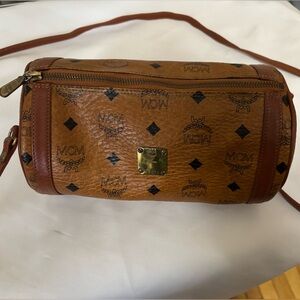 MCM Cognac Visetos Monogram Barrel Shoulder Bag